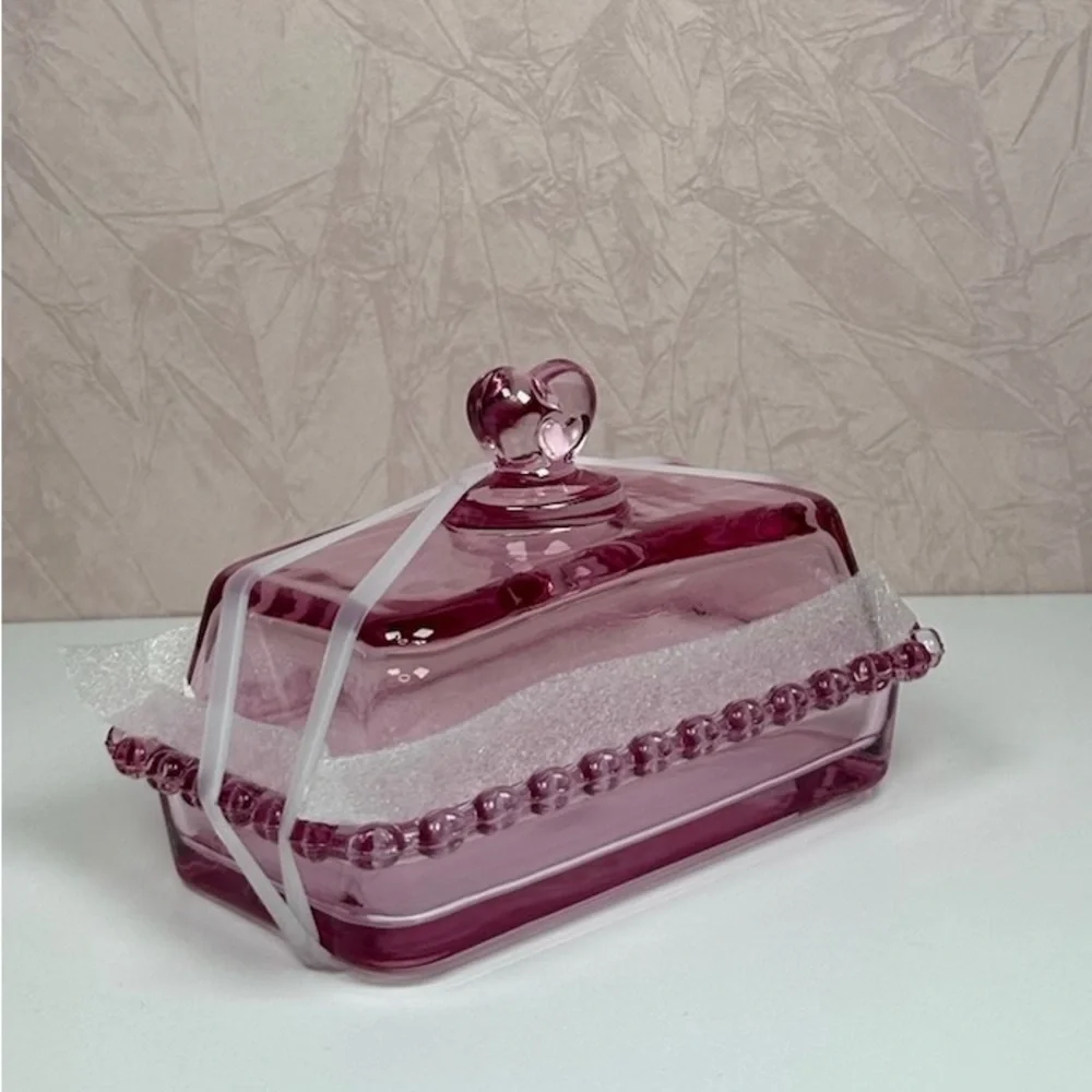 Pink Glass Butter Dish with Heart Handle